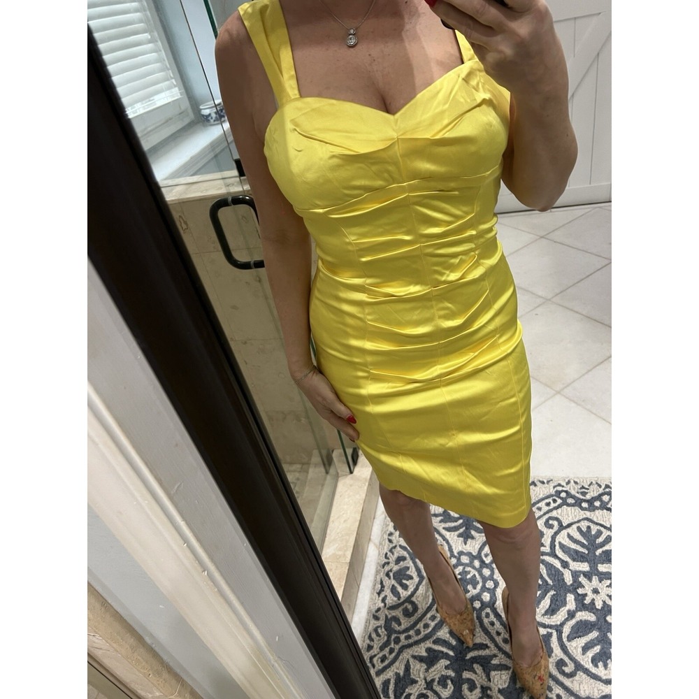 New Cache Yellow Bodycon Ruched Wiggle Pencil Dress Party Evening USA MADE 10